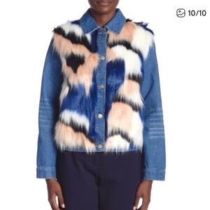 English Factory Denim Jean Jacket with Faux Fur Blue White Black Tan Sz M